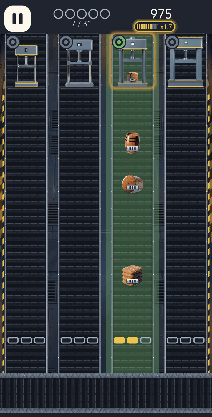 Four lanes of conveyor belt, each ending in a hydraulic press at the top of the screen. The third lane is highlighted green and carries a barrel, a log and a bale toward its press. A score of 975 and a multiplier of 1.7 show above the lanes.