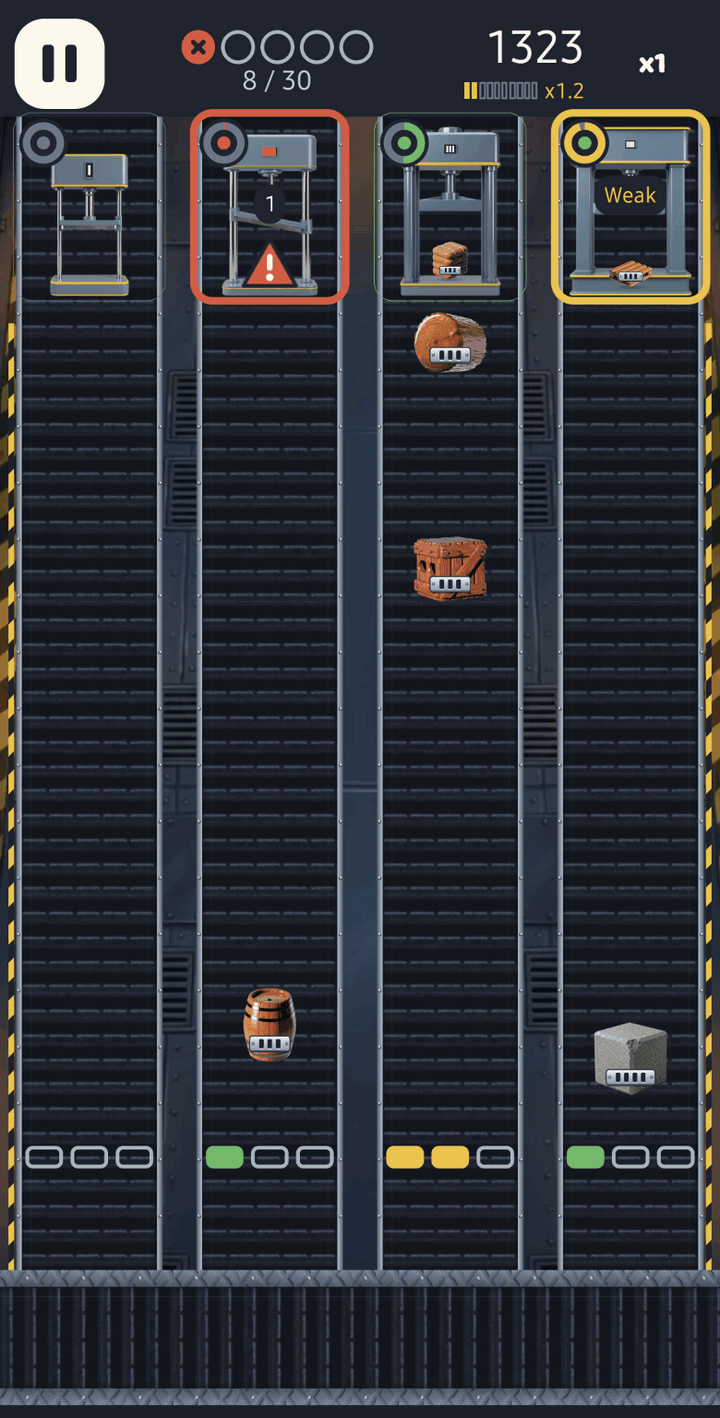 Four lanes with presses at the top. The second press is outlined red with a warning triangle, showing it is jammed. The fourth press is outlined yellow and labelled Weak. Crates, a barrel and a stone block ride the belts below.