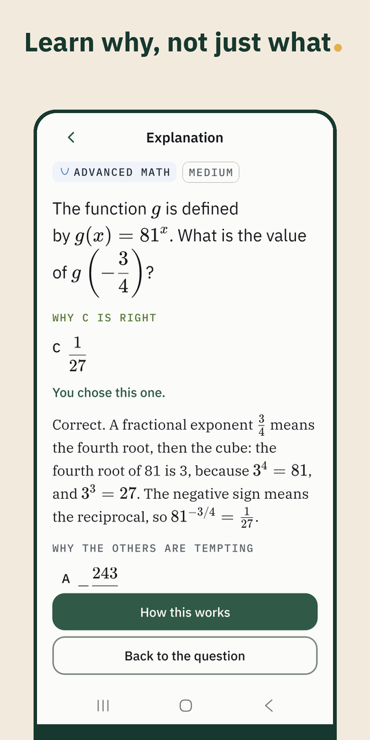 Learn why, not just what. An Advanced Math explanation: the question, the right answer marked, and why it is right, with a How this works button.