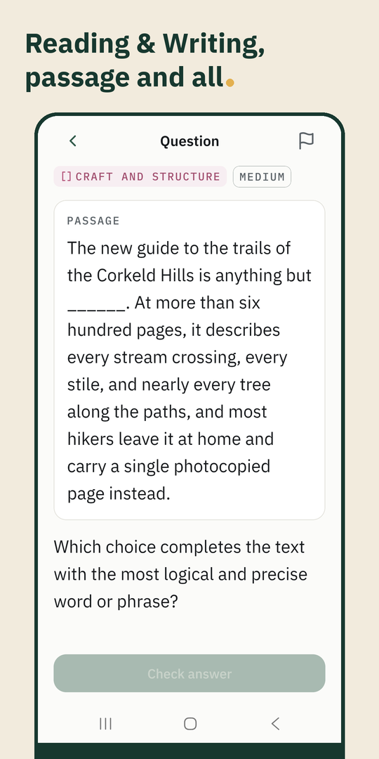 Reading and Writing, passage and all. A Craft and Structure question with its passage shown above the question.